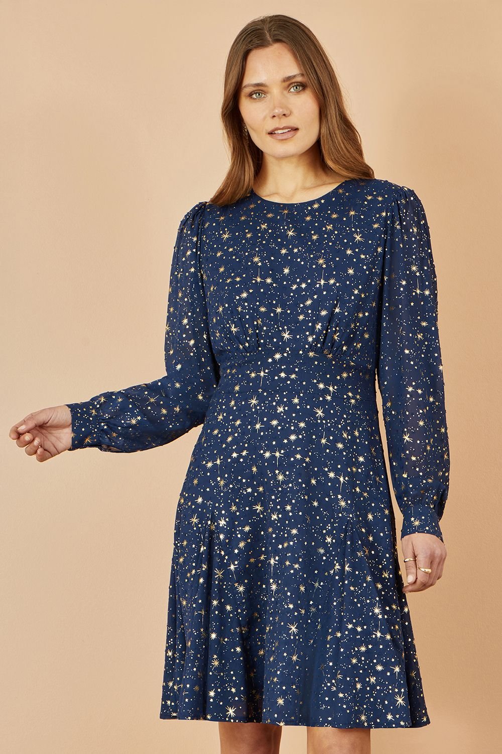 Yumi Yumi Women's Navy Star Print Foil Long Sleeve Dress - 2