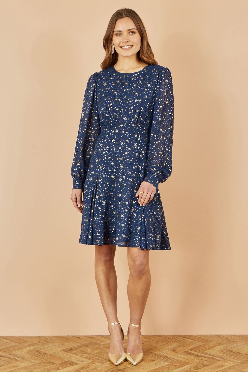 Yumi Yumi Women's Navy Star Print Foil Long Sleeve Dress - 3
