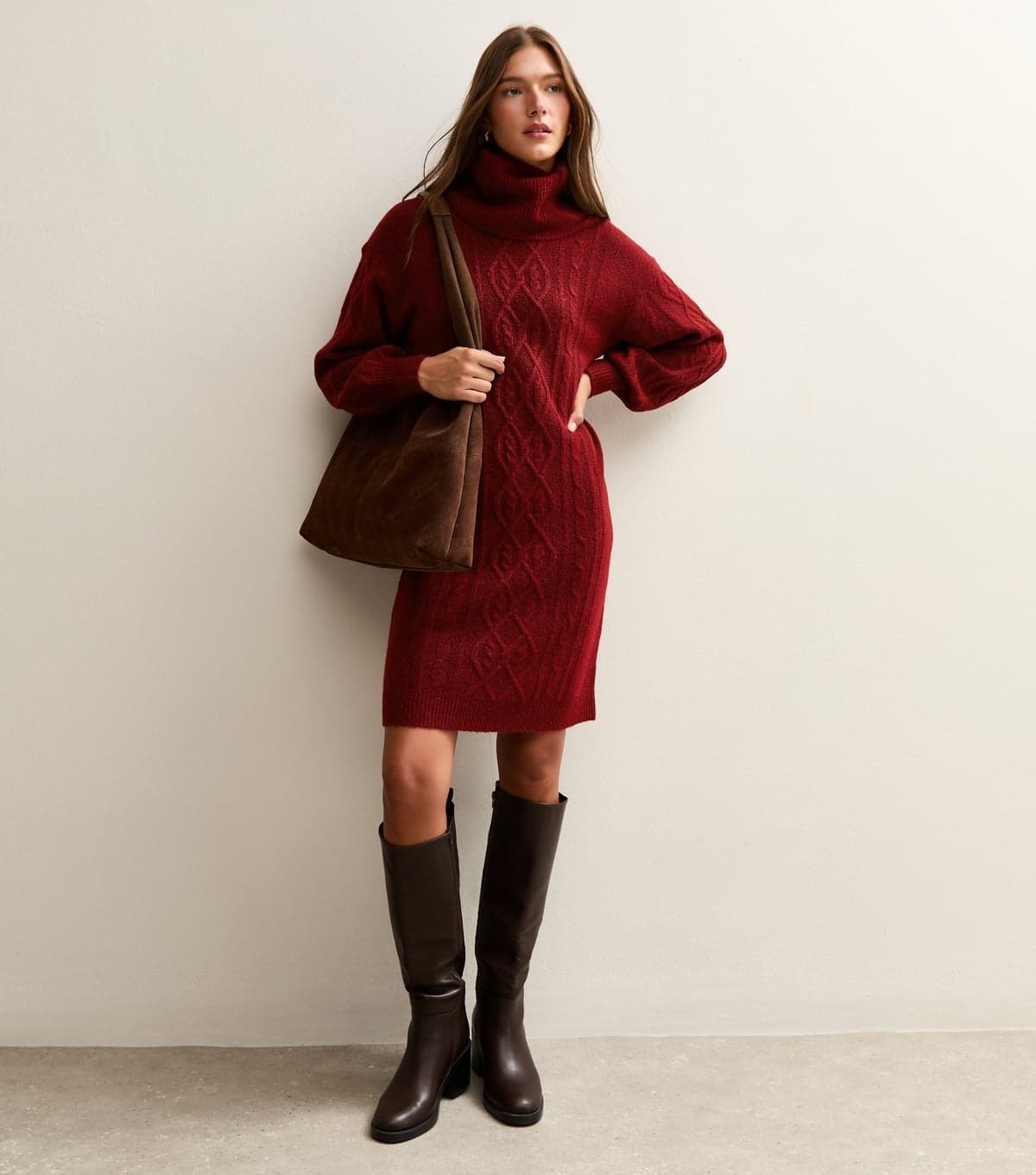 Sunshine Soul Women's Dark Red Cable Knit Roll Neck Mini Dress Sunshine Soul New Look