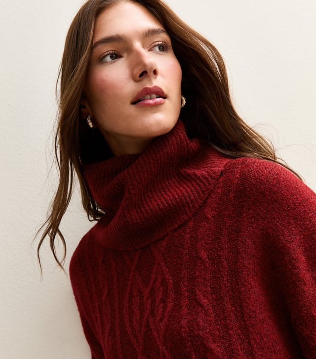 Sunshine Soul Women's Dark Red Cable Knit Roll Neck Mini Dress Sunshine Soul New Look - 2