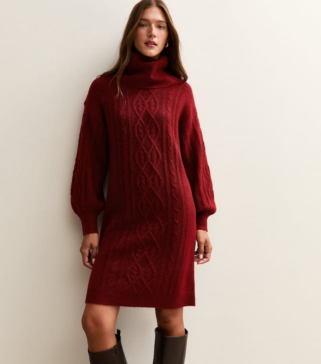 Sunshine Soul Women's Dark Red Cable Knit Roll Neck Mini Dress Sunshine Soul New Look - 3