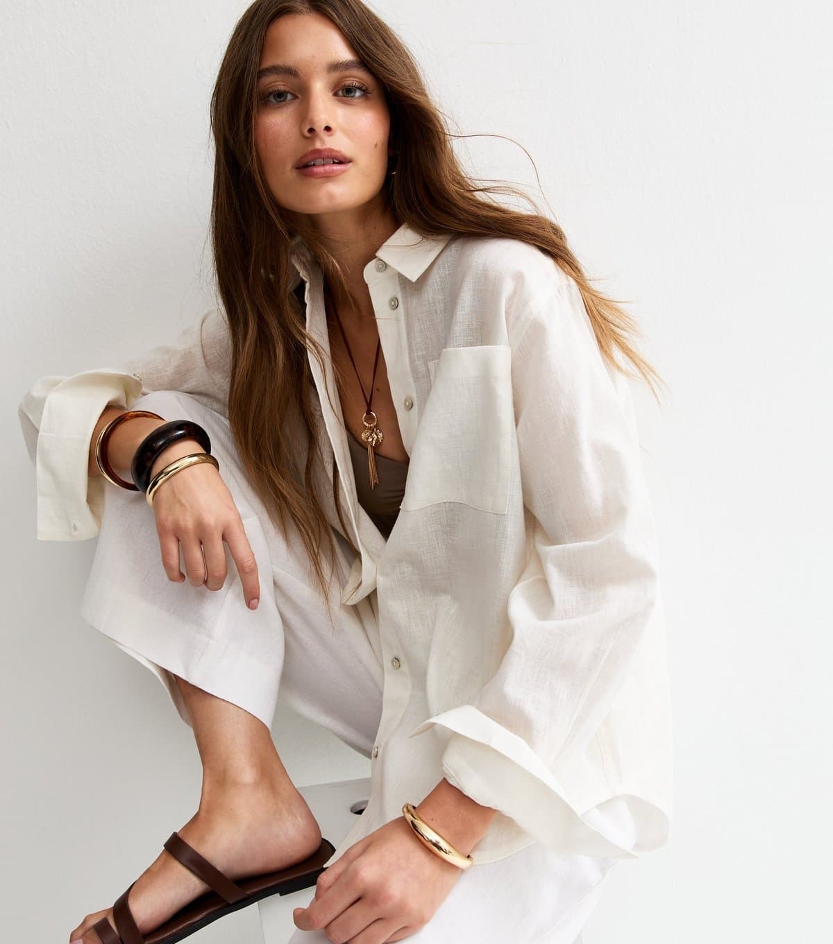 New Look New Look White Linen Blend Long Sleeve Shirt