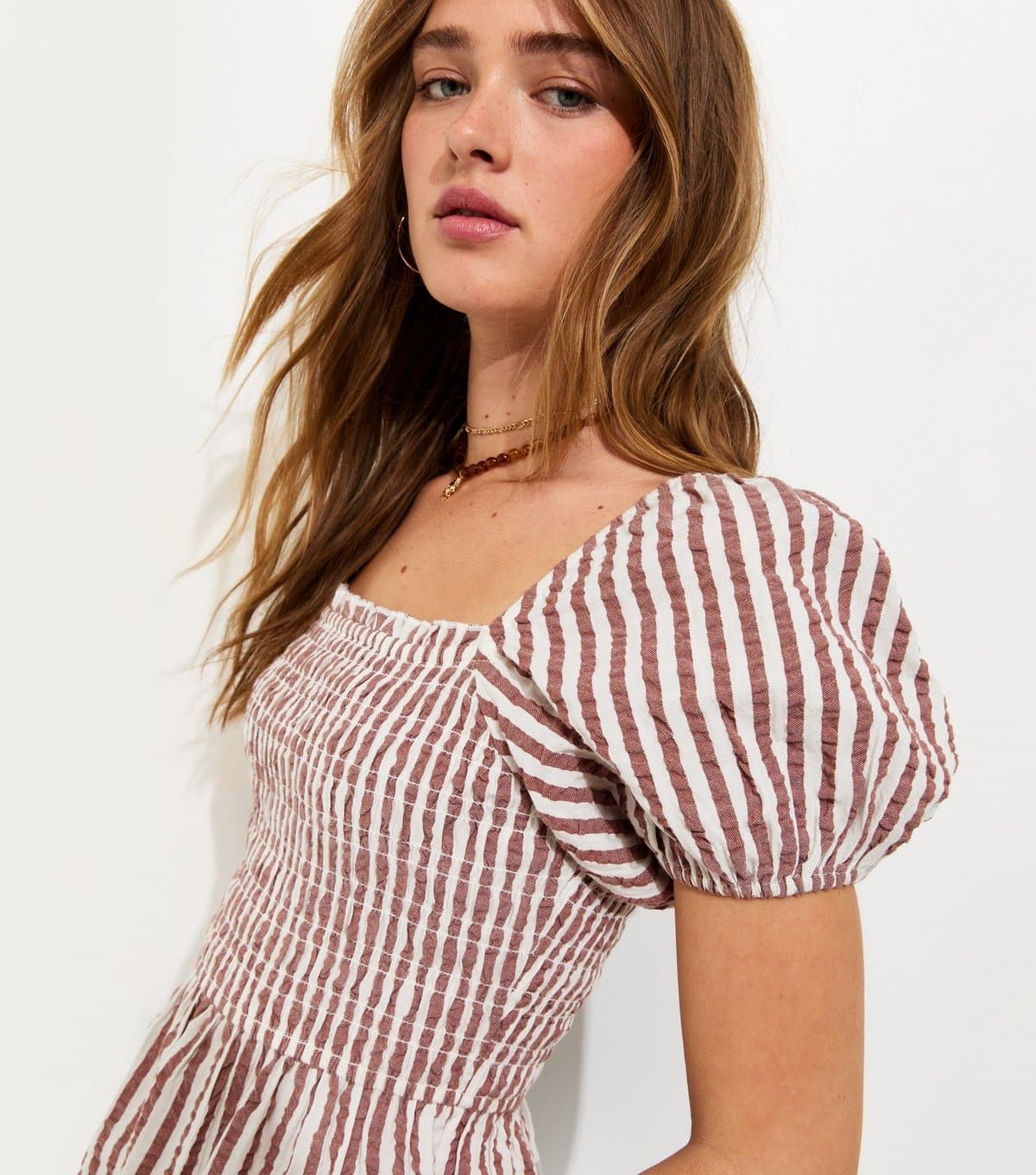 New Look Women's Brown Stripe Cotton Shirred Peplum Blouse New Look