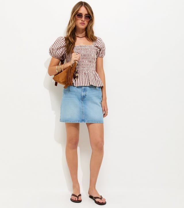 New Look Women's Brown Stripe Cotton Shirred Peplum Blouse New Look - 3