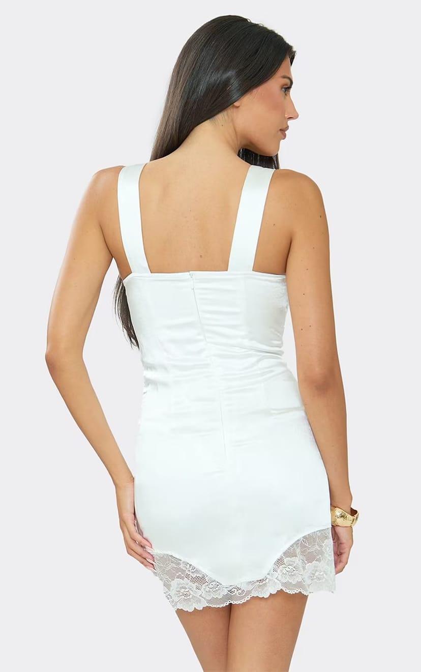 EGO Plunge Cupped Boning Detail Lace Trim Mini Dress In White, Women's Size UK 10 - 1