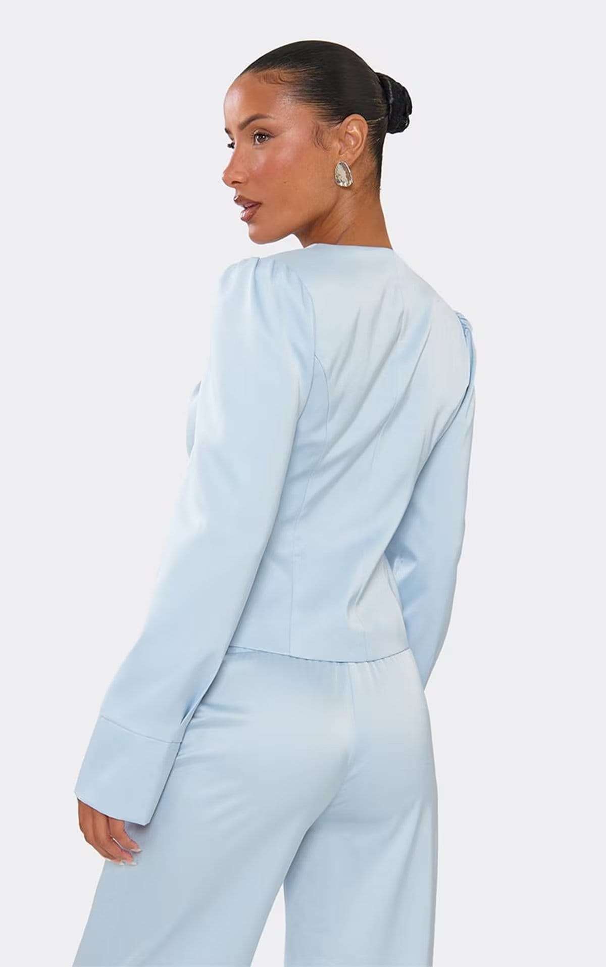 EGO Long Sleeve Button Up Top In Light Blue Satin, Women's Size UK 6 - 1