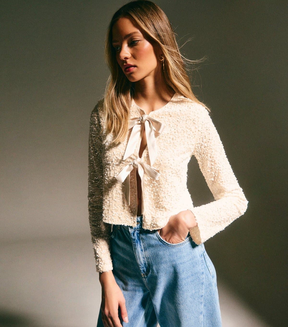 New Look New Look Cream Velvet Sequin Tie Front Cardigan