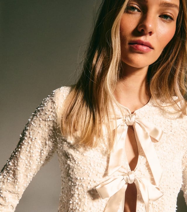 New Look Women's Cream Velvet Sequin Embellished Tie Front Cardigan New Look - 2