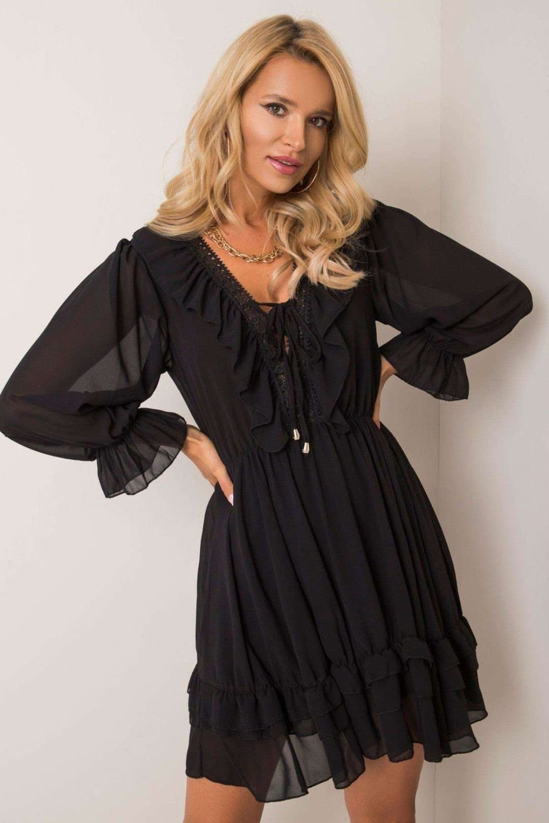 Love Lace Love Lace Women's Long Sleeve Day Dress Lace Trim in Black