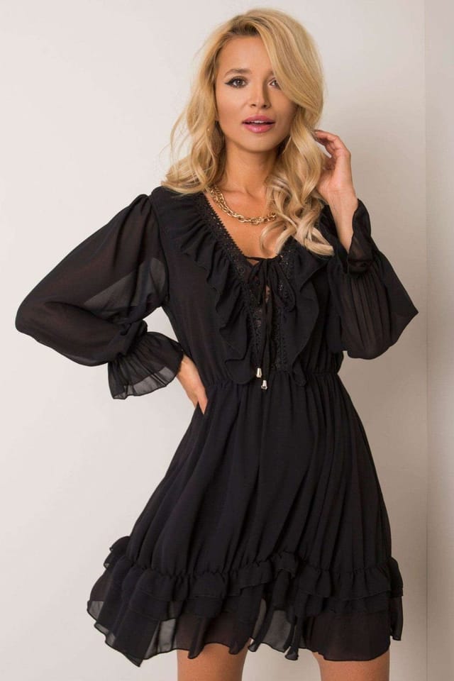 Love Lace Love Lace Women's Long Sleeve Day Dress Lace Trim in Black - 2