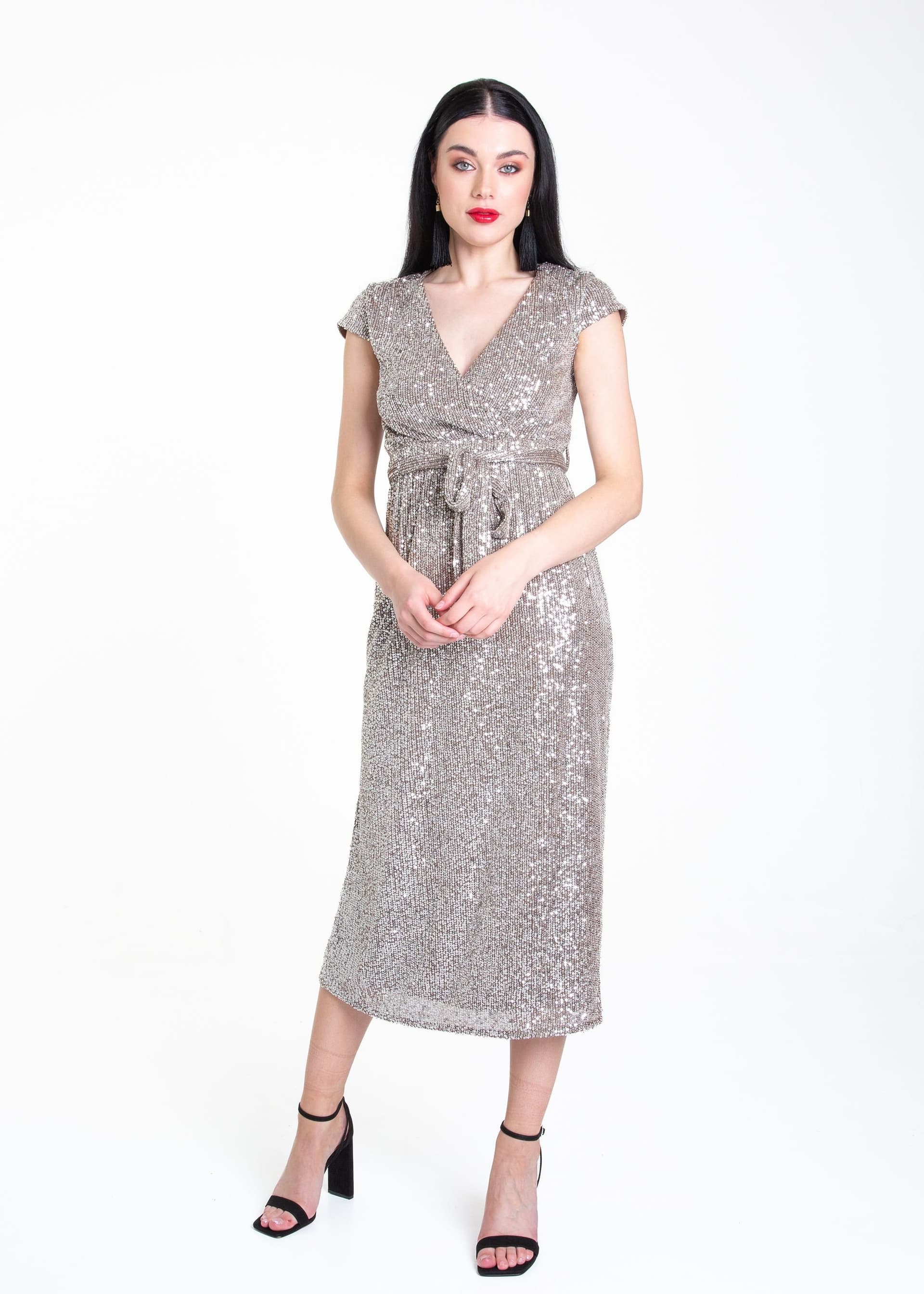 Gini London Gini London Women's Gun Metal Sequin Belted Midi Wrap Dress in Light Grey