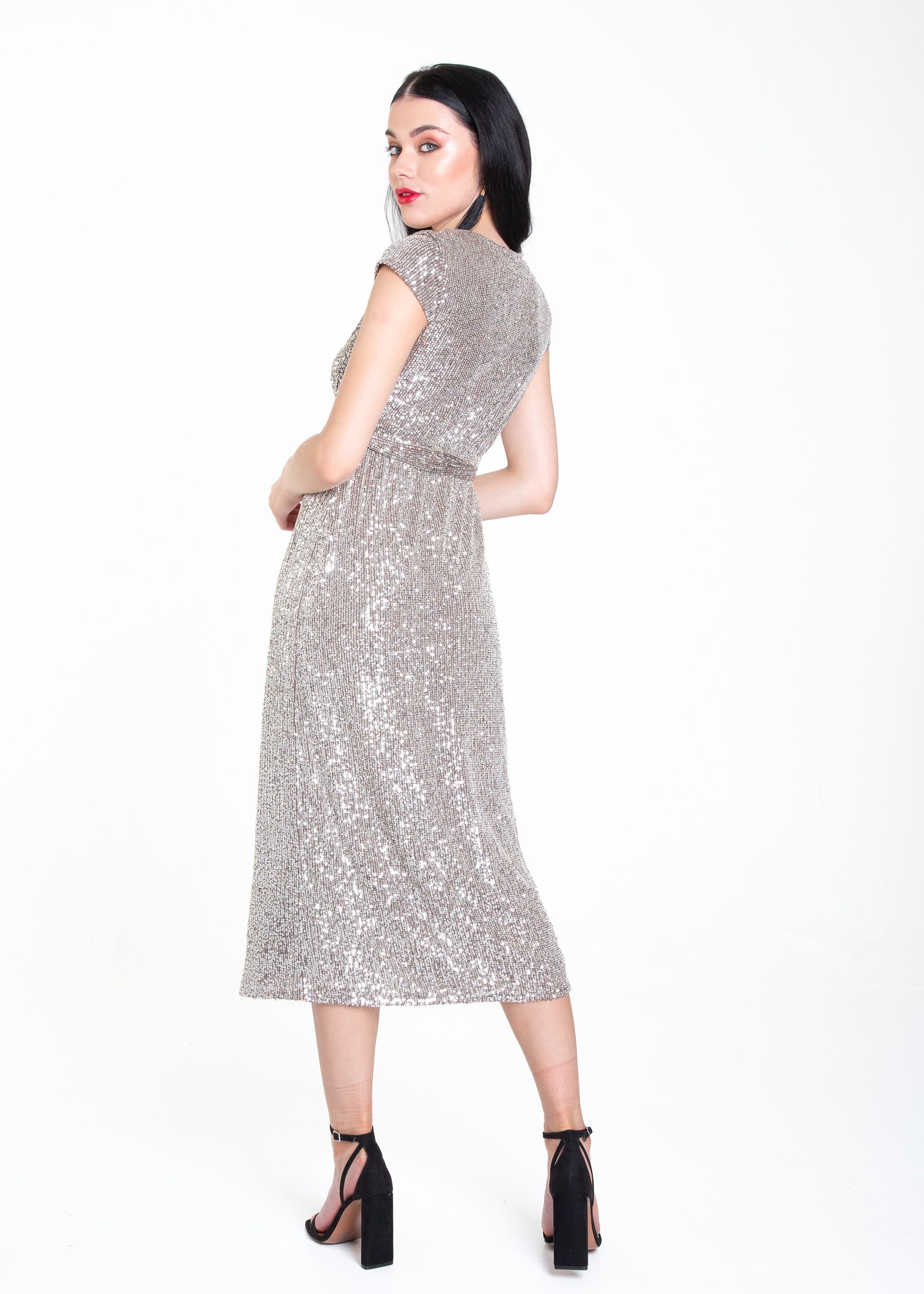 Gini London Gini London Women's Gun Metal Sequin Belted Midi Wrap Dress in Light Grey - 2