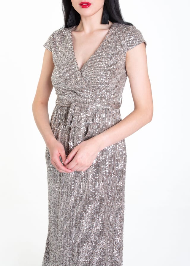 Gini London Gini London Women's Gun Metal Sequin Belted Midi Wrap Dress in Light Grey - 3