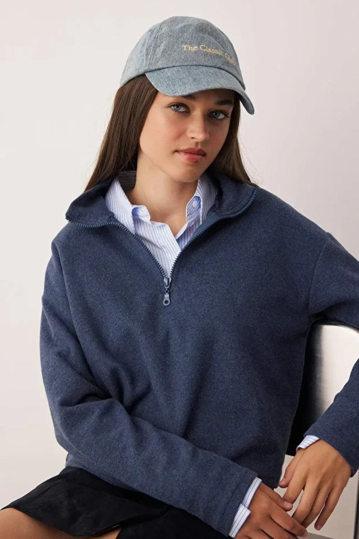 HOXTON GAL HOXTON GAL Women's Zip Neck Knitted-Look Long Sleeve Regular Fit Sweatshirt in Indigo - 3