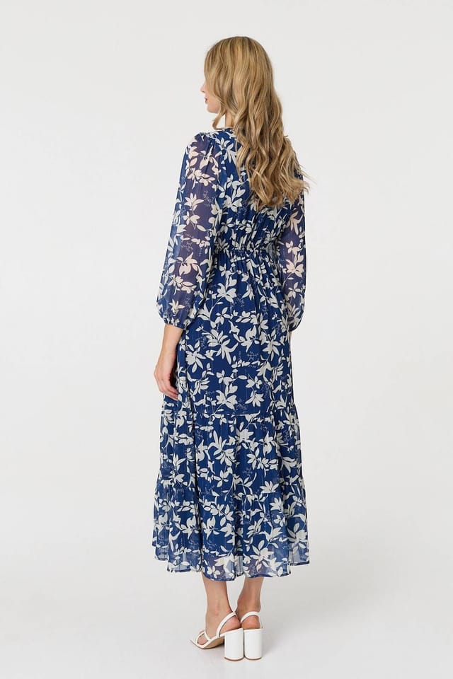 Izabel London Izabel London Women's Leaf Print Sheer Layer Empire Maxi Dress in Blue - 3