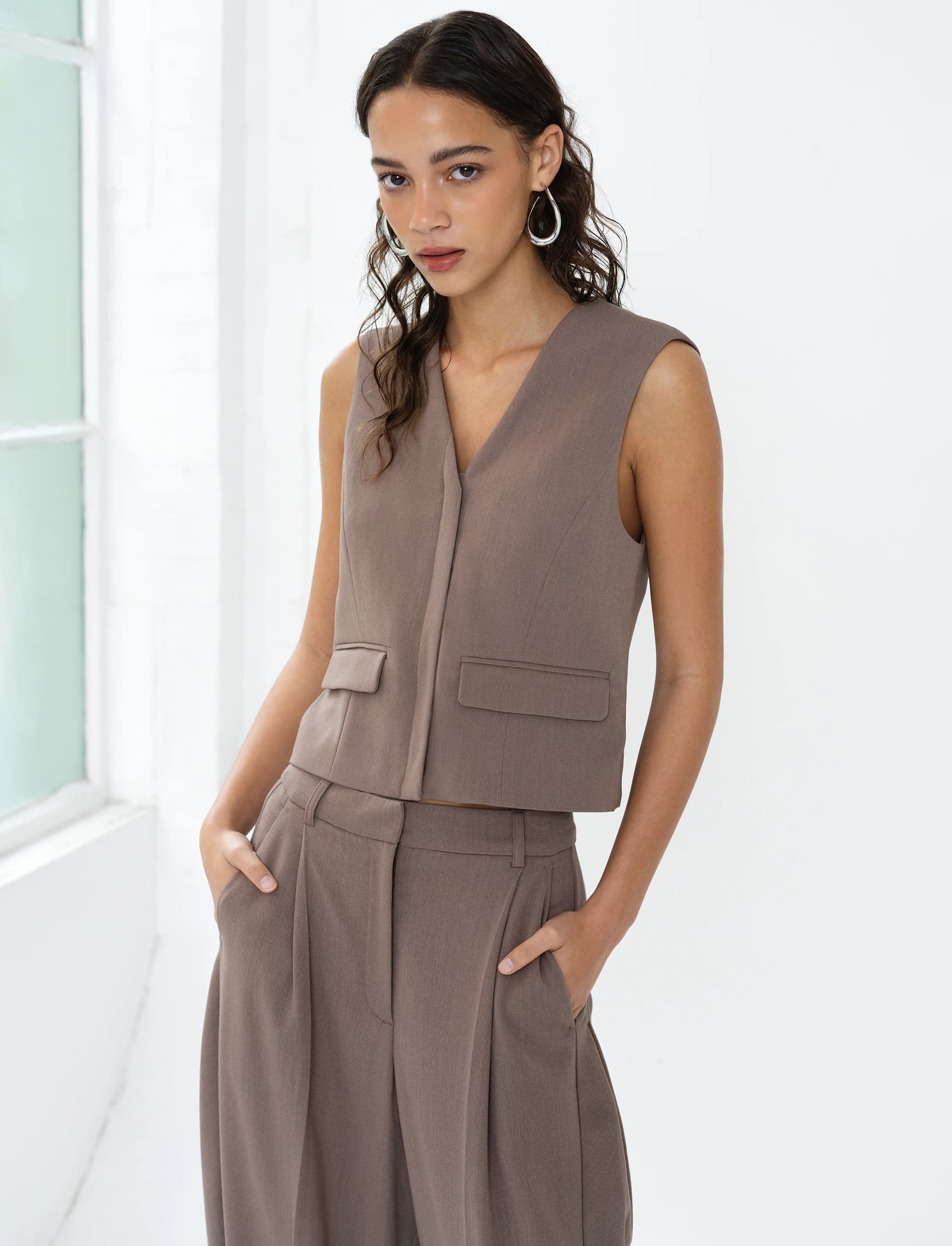 French Connection Vienna V Neck Pocket Waistcoat Taupe Brown