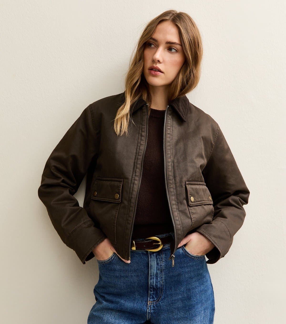 New Look Women's Brown Waxed Corduroy Collar Barn Jacket New Look