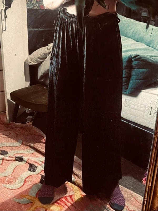 Source Unknown V. Comfortable black velvet trousers, versatile lounge to evening wear