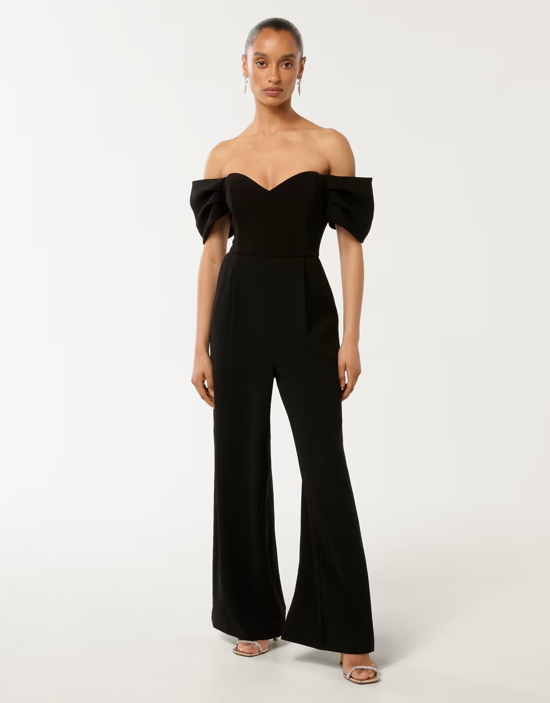 ASOS Forever New Petite tailored sweetheart neck line off the shoulder jumpsuit in black