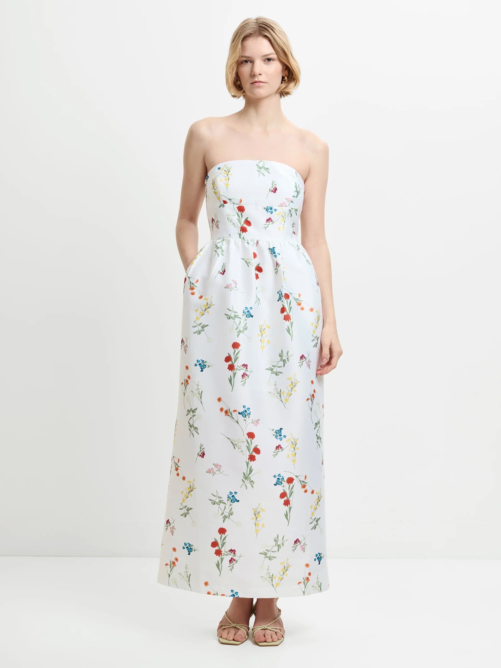 French Connection Structured Taffeta Christine Fleur Bandeau Maxi Dress Summer White Floral Print