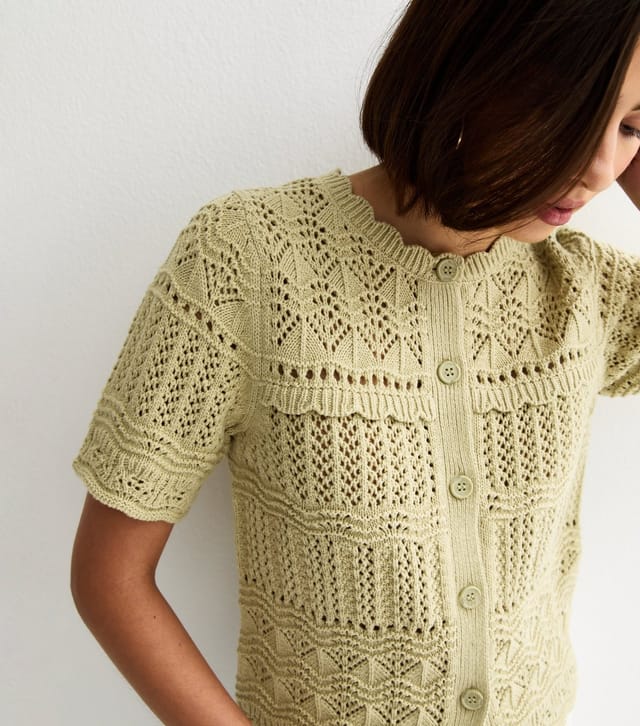 New Look Women's Green Cotton Rich Patterned Knit Short Sleeve Cardigan New Look - 2