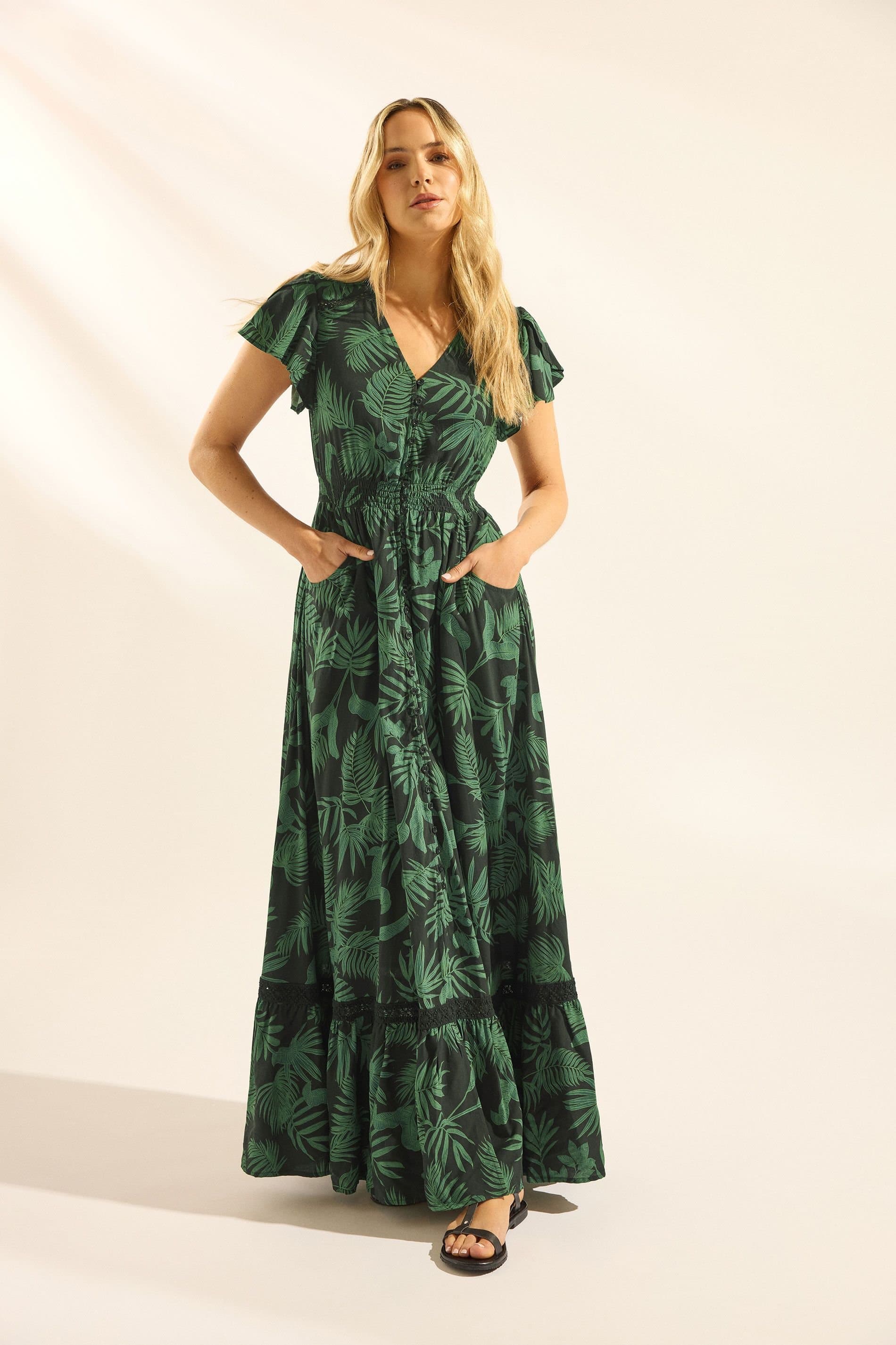 Long Tall Sally Long Tall Sally Women's Tall Palm Print Button Maxi Dress in Black
