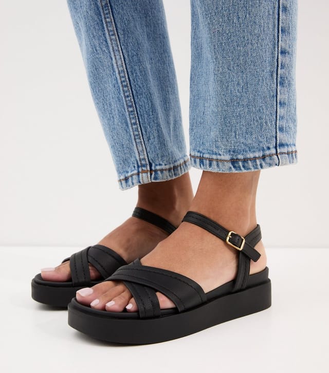 New Look Women's Black Faux Leather Cross Over Flatform Sandals Vegan New Look - 2