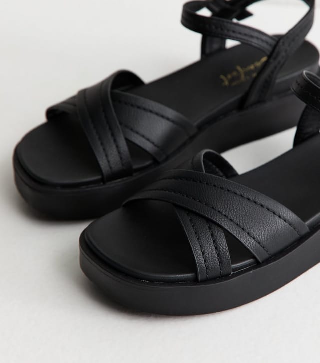 New Look Women's Black Faux Leather Cross Over Flatform Sandals Vegan New Look - 3