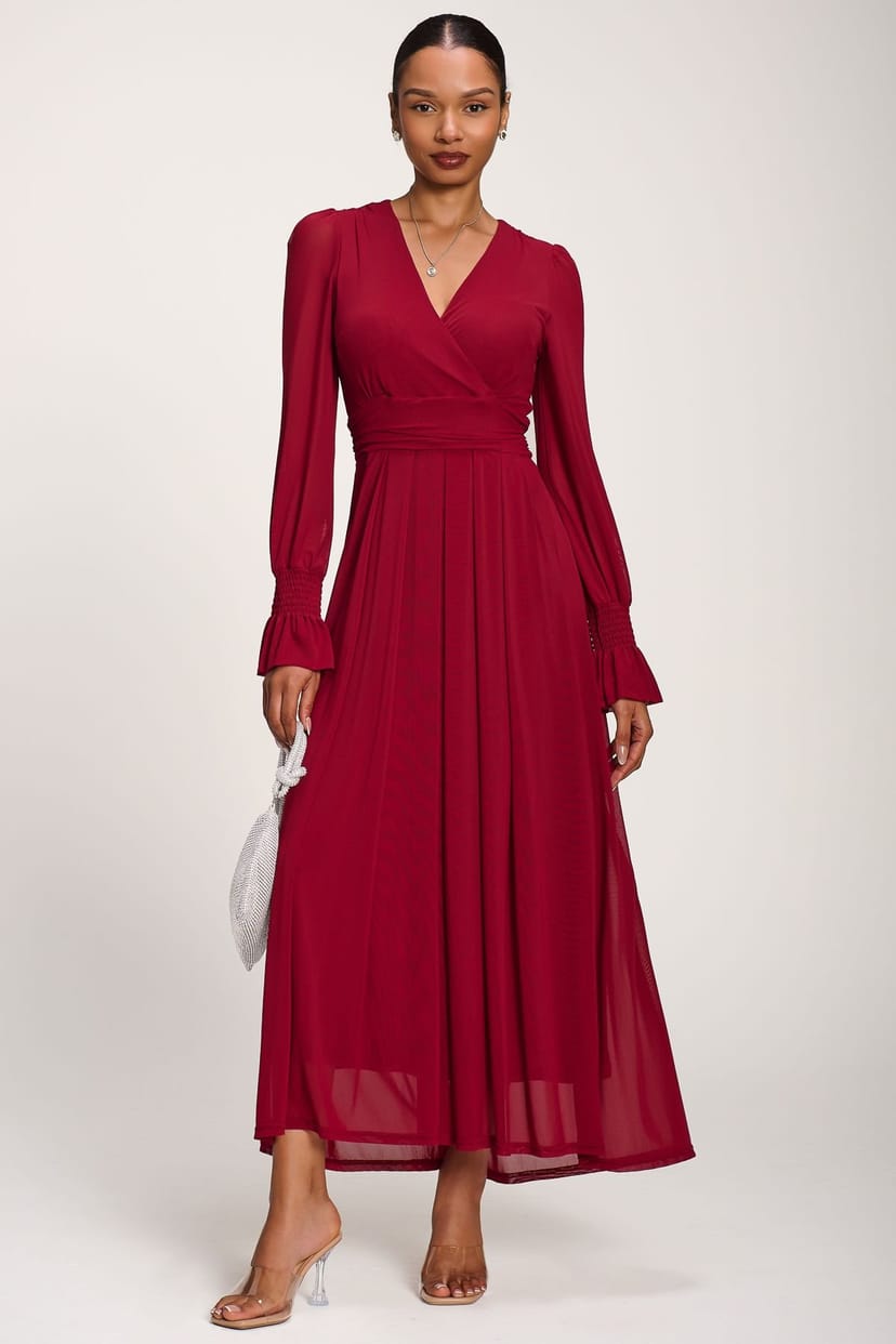 Jolie Moi Jolie Moi Women's Long Sleeve Mesh Maxi Dress in Dark Red - 1