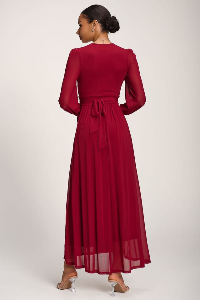 Jolie Moi Jolie Moi Women's Long Sleeve Mesh Maxi Dress in Dark Red - 2
