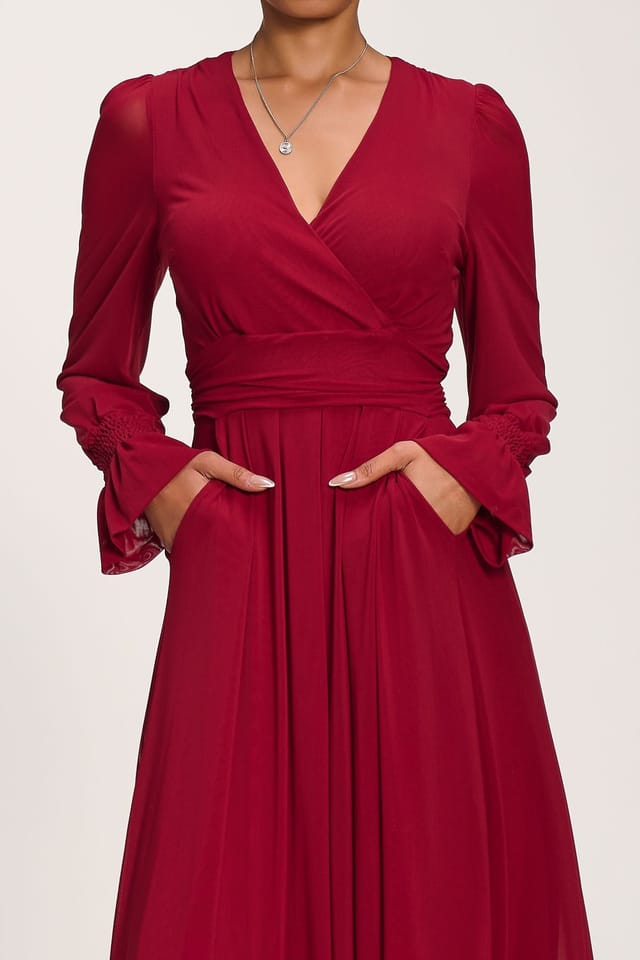 Jolie Moi Jolie Moi Women's Long Sleeve Mesh Maxi Dress in Dark Red - 3