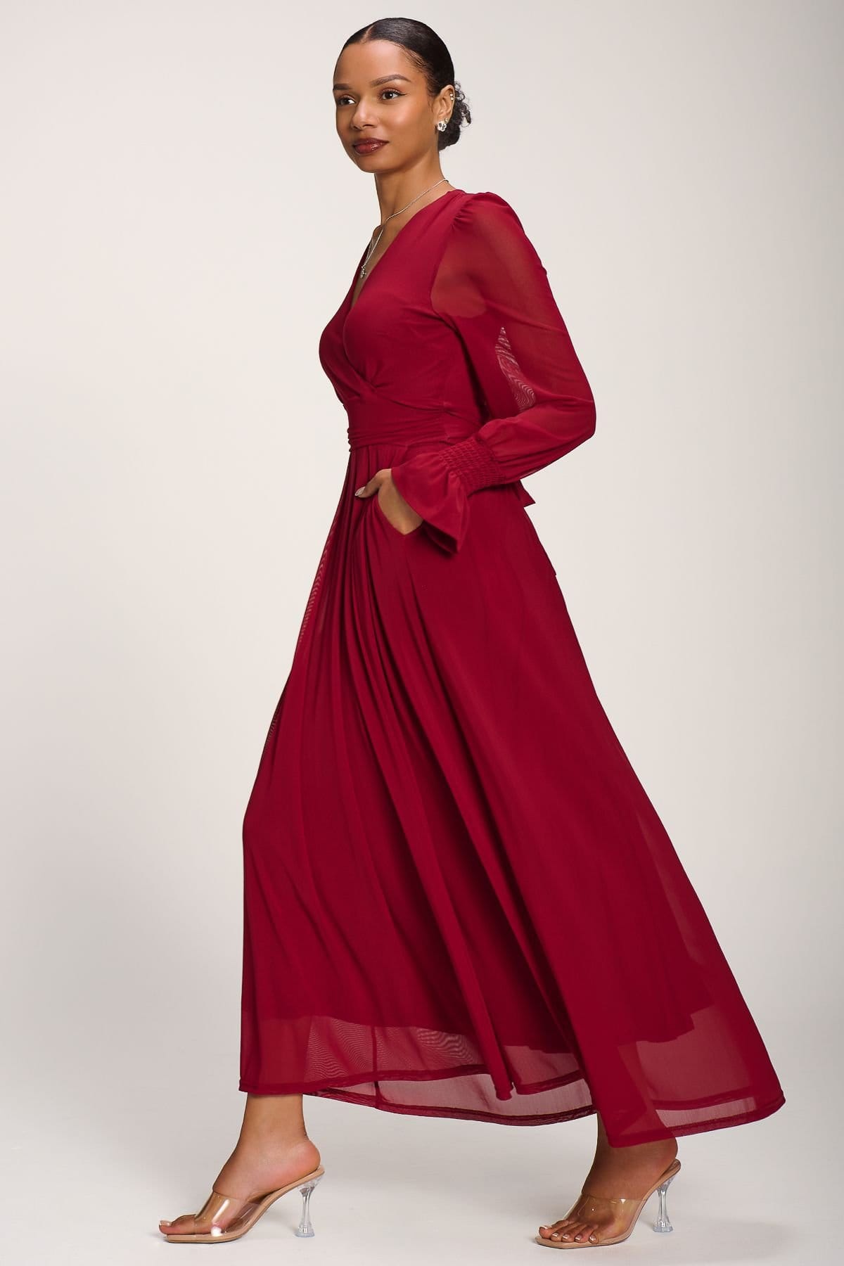 Jolie Moi Jolie Moi Women's Long Sleeve Mesh Maxi Dress in Dark Red - 4