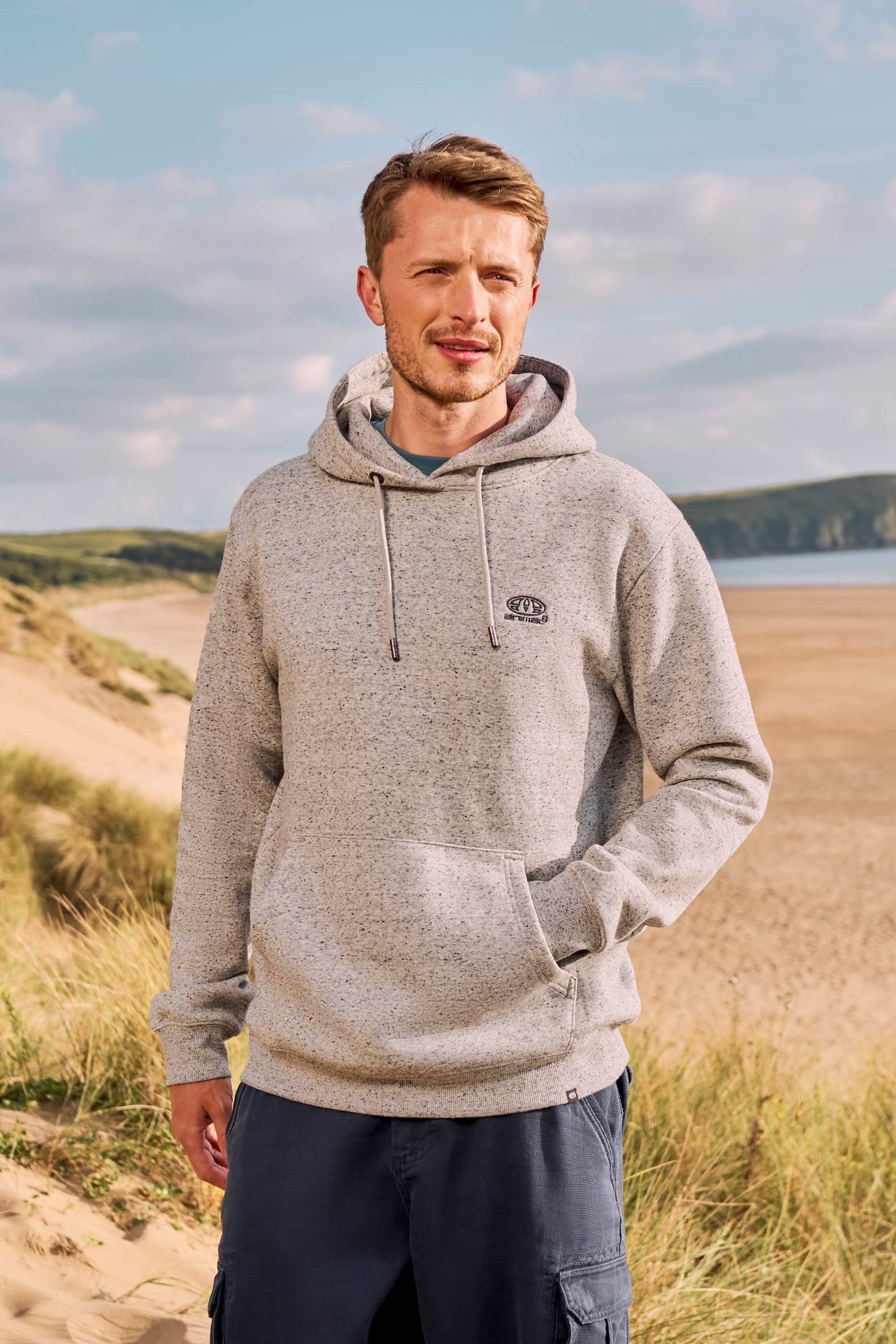 Animal Animal Men's 'Nick' Heavyweight Kangaroo Pocket Elastic Hem Cotton Snug Fit Hoodie in Grey