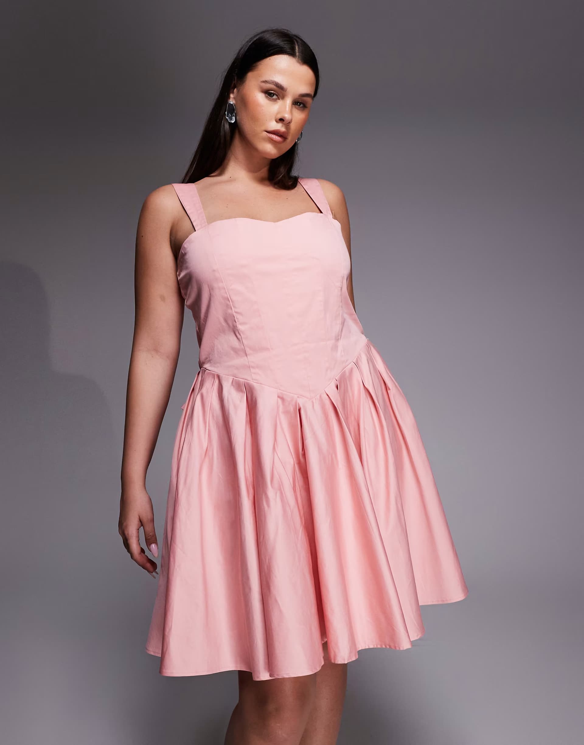 ASOS TFNC Plus corset pleated mini dress with bow back in pink