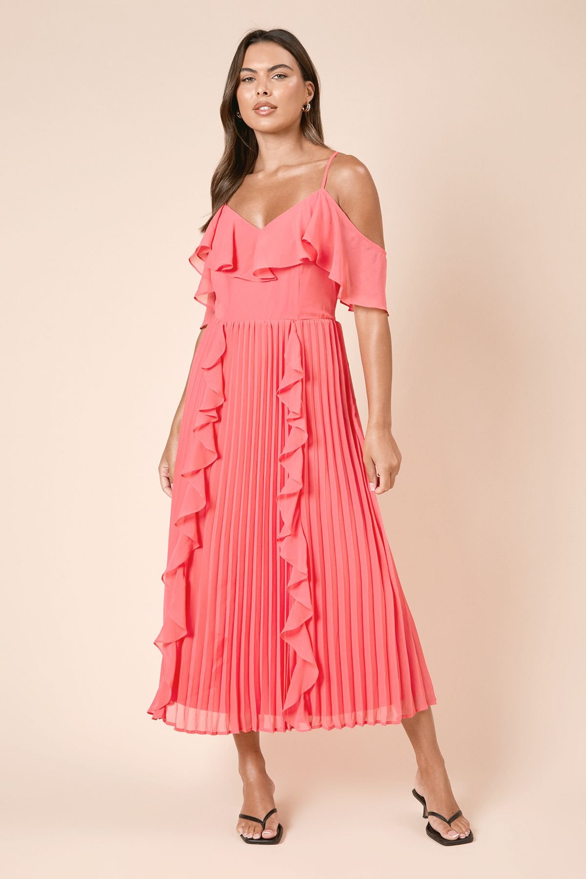 Dorothy Perkins Dorothy Perkins Women's DP Luxe Ruffle Front Cold Shoulder Midi Dress in Coral - 2