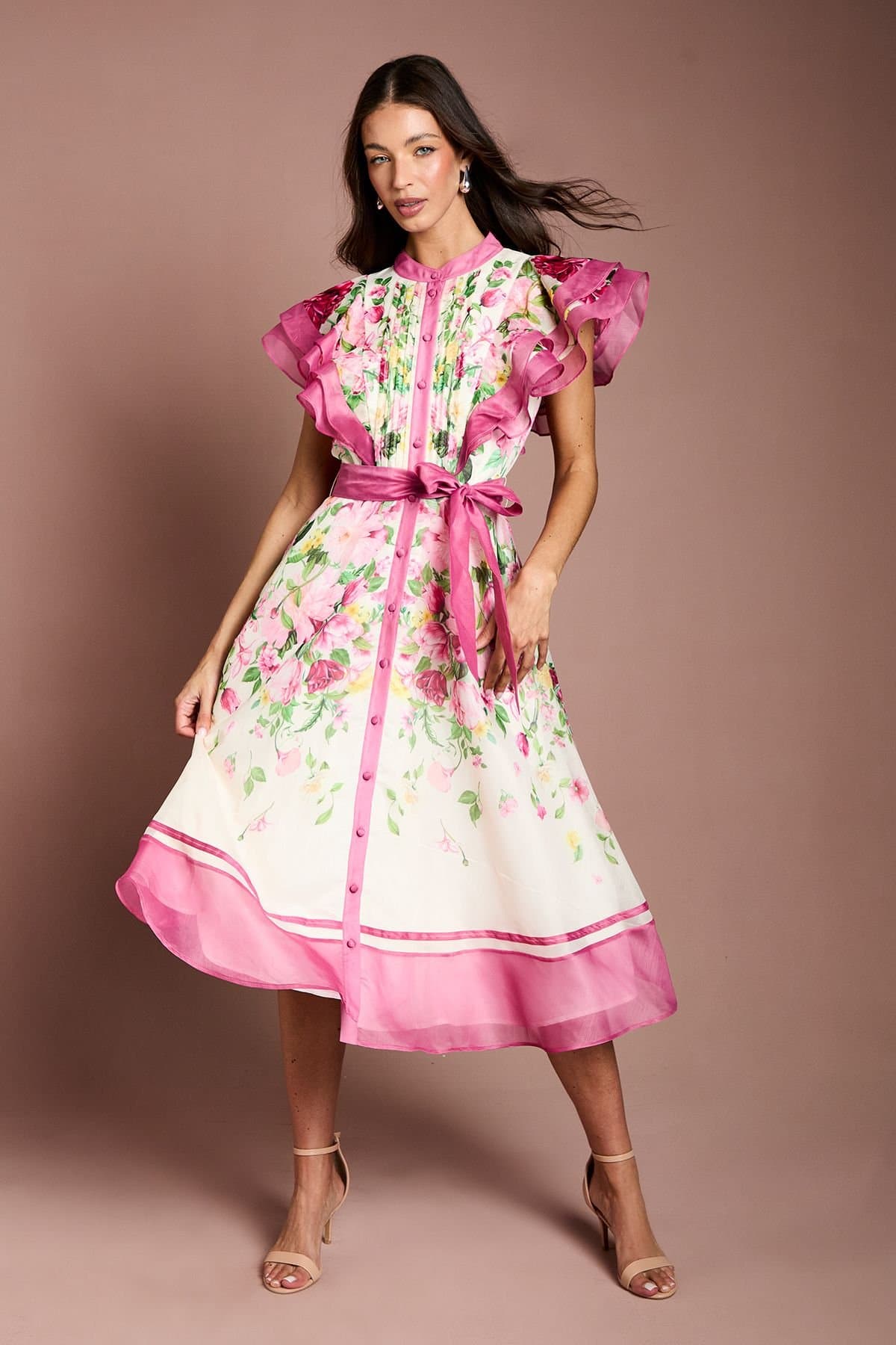 Coast Coast Women's Ruffle Shoulder Floral Midi Dress in Pink