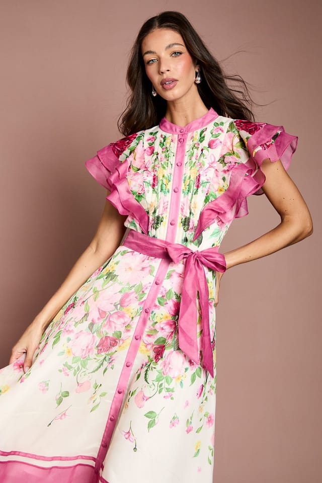 Coast Coast Women's Ruffle Shoulder Floral Midi Dress in Pink - 2