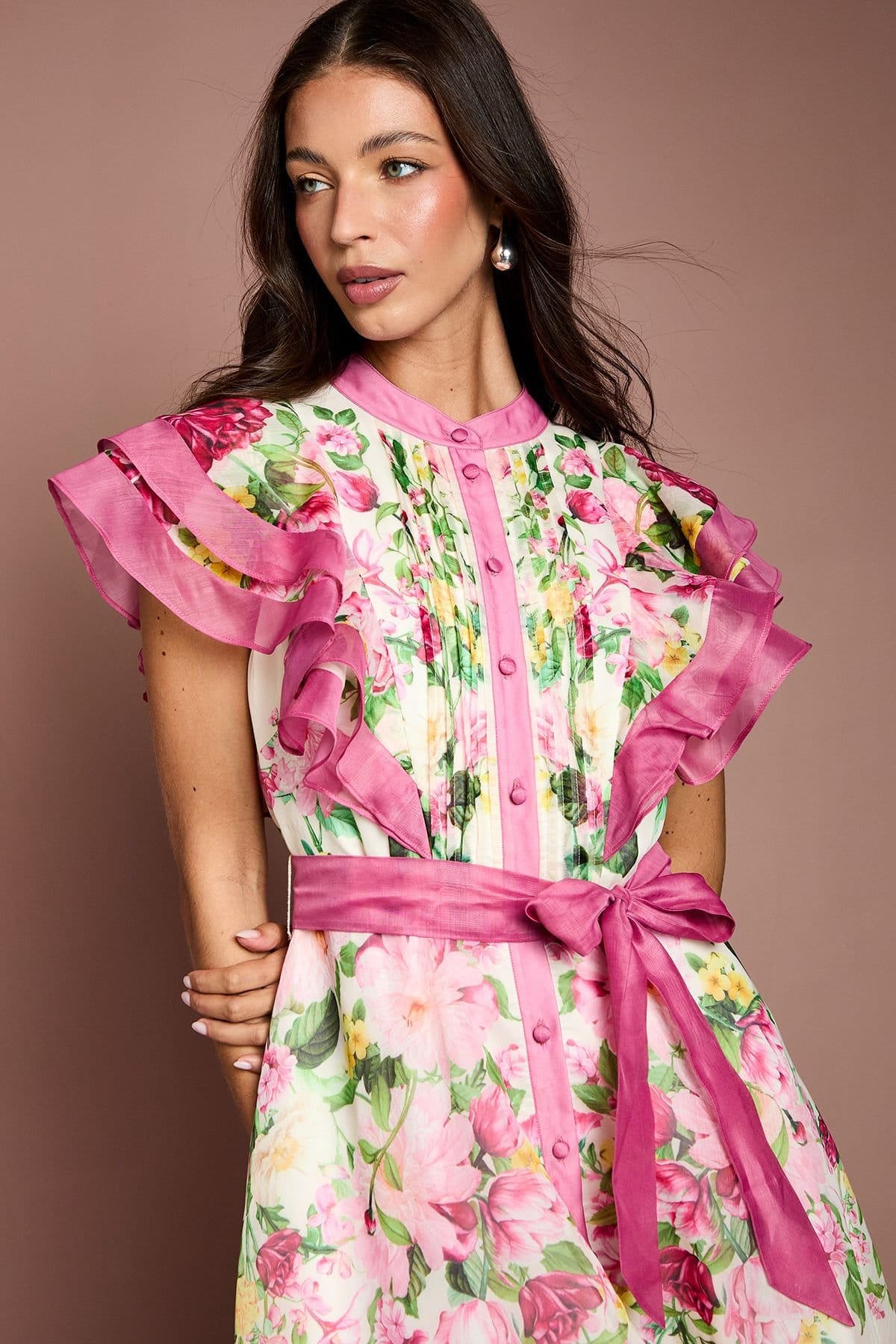 Coast Coast Women's Ruffle Shoulder Floral Midi Dress in Pink - 4