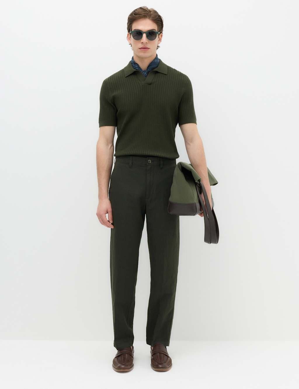 Marks & Spencer M&S Regular Fit Linen Blend Chinos Dark Khaki
