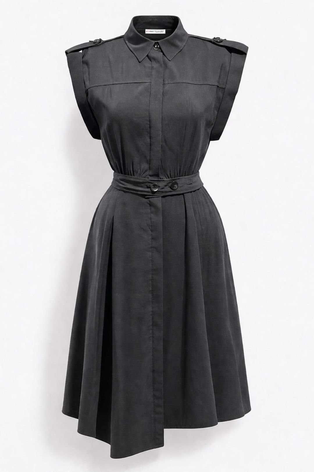 MixRay MixRay Women's Textured A-Line Midi Shirt Dress with Belt in Black