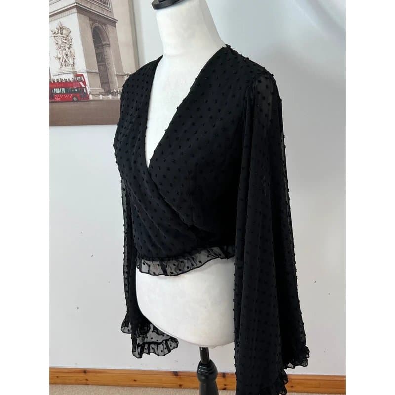 Boohoo BooHoo Blouse Crop Top Black Chiffon Size 10 Bell Sleeve Fairycore Romantic Goth