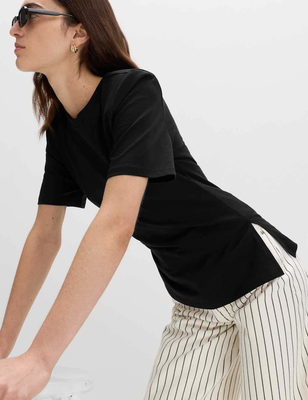 Marks & Spencer M&S Black Pure Cotton Asymmetric Hem T-Shirt