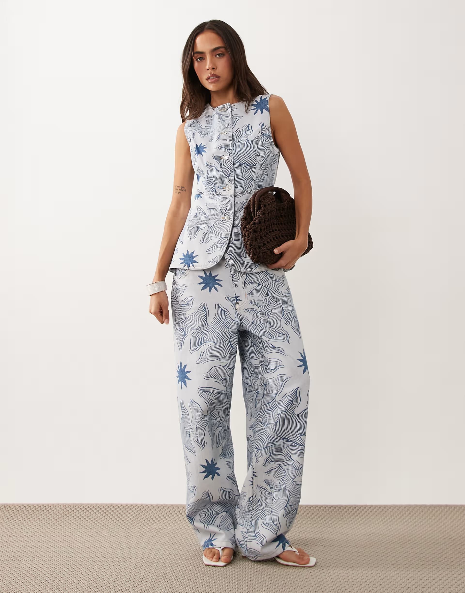 ASOS Never Fully Dressed Ellie denim twill longline waistcoat and twill trousers co-ord in blue soleil print