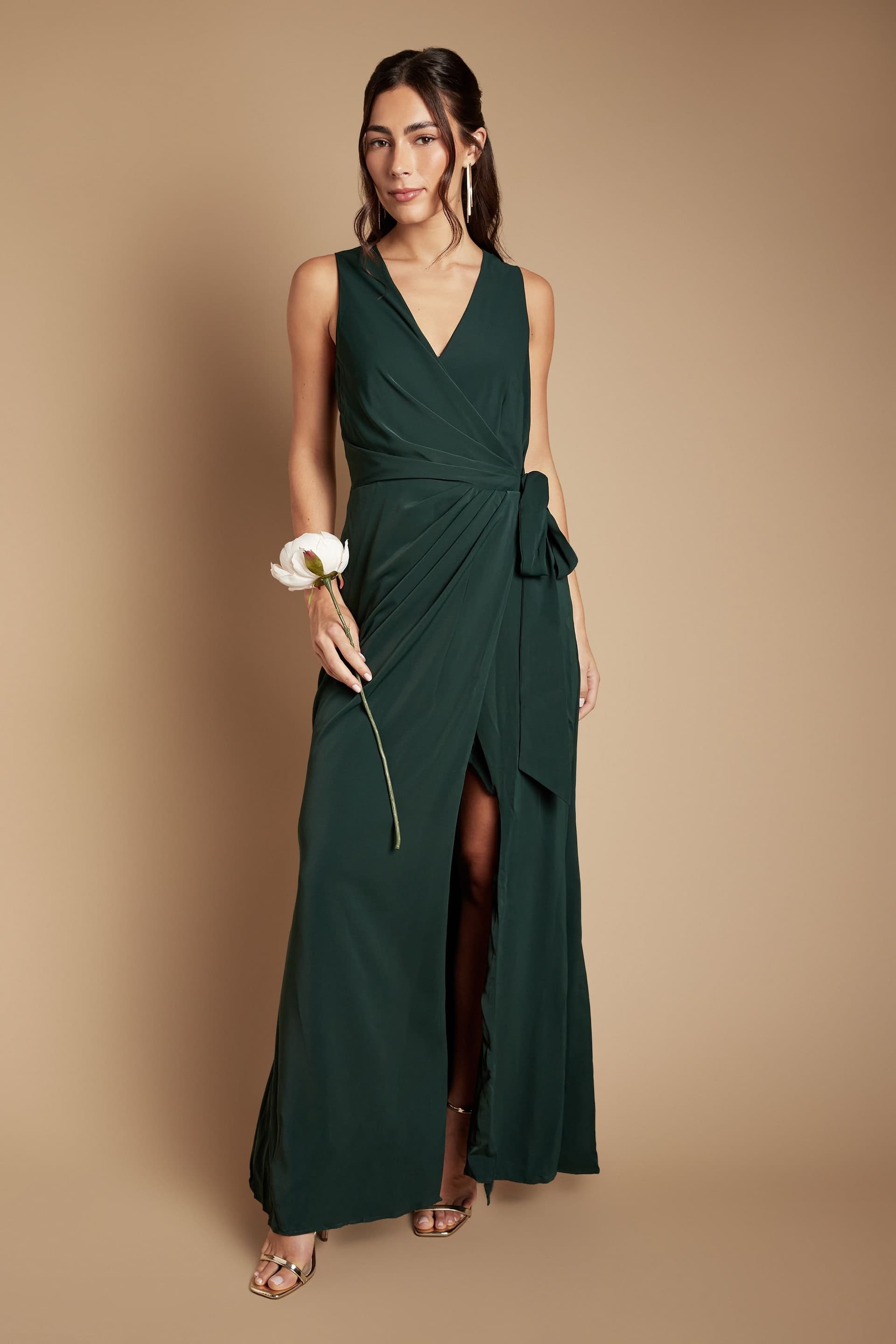 Coast Coast Women's V Neck Wrap Detail Crepe Maxi Bridesmaid Dress in Emerald