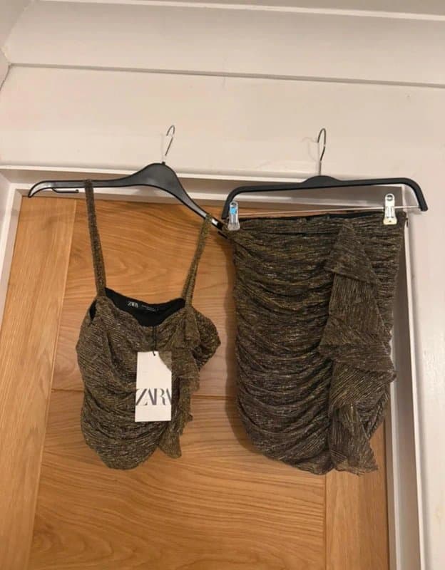 Zara Zara Gold & Black Sparkly Metallic Ruched Frill Side Corset Look Top & Mini Skirt Co-ord Set