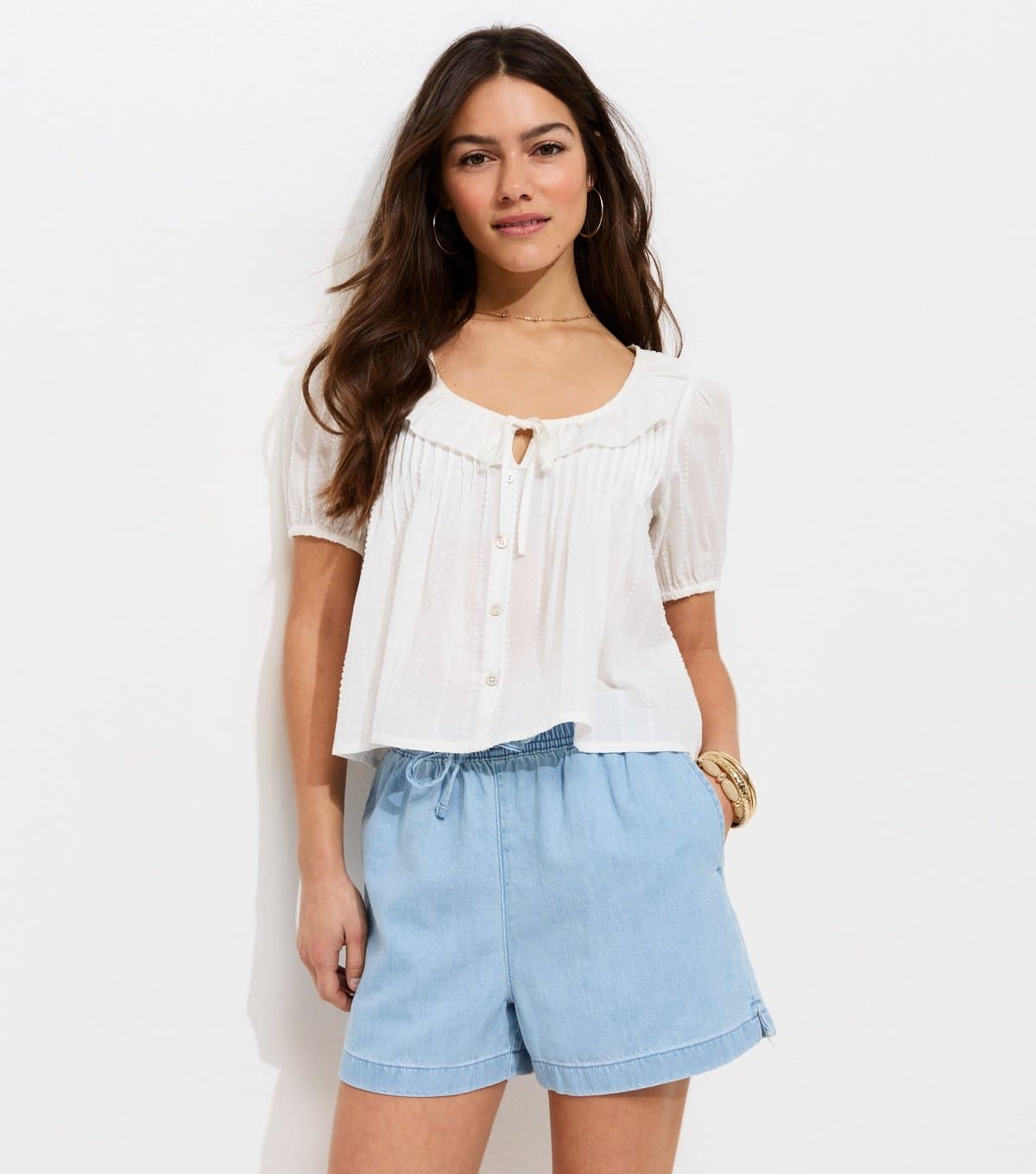 New Look Women's Petite Light Blue Wash Chambray Pull On Shorts New Look