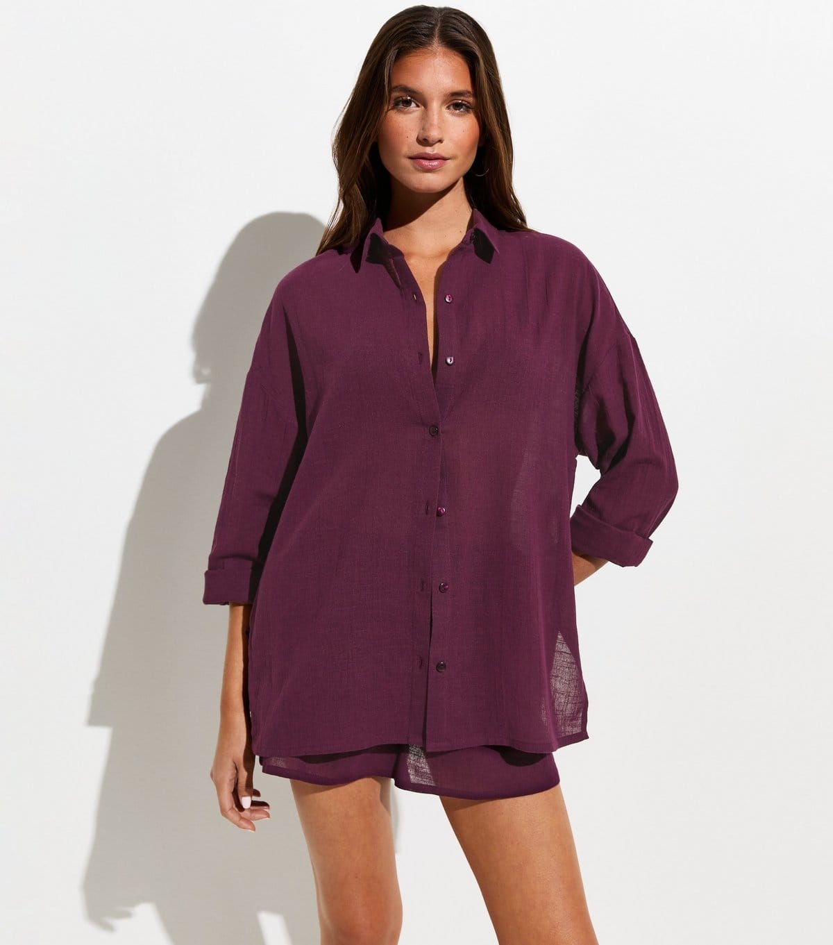 New Look Women's Dark Burgundy Cotton Slub Beach Shirt