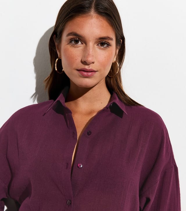 New Look Women's Dark Burgundy Cotton Slub Beach Shirt New Look - 3