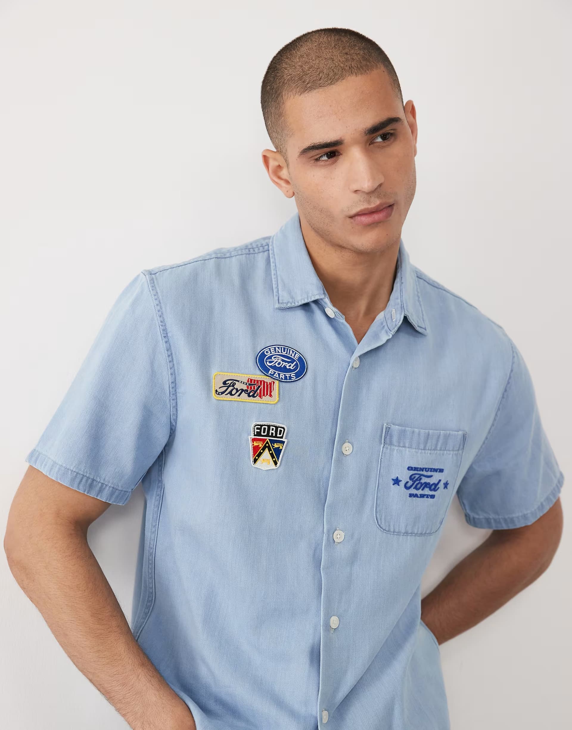 ASOS Abercrombie & Fitch motor graphic short sleeve workwear shirt in light blue