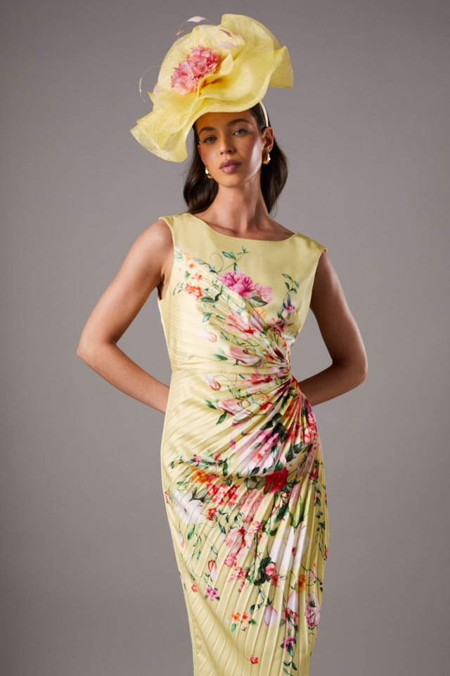 Coast Coast Women's Lisa Tan Pleated Floral Midi Dress With Pleat Detail in Yellow - 2